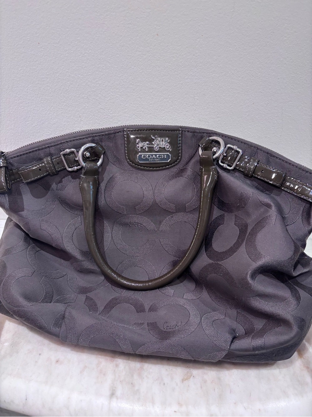 Coach Madison Op Art Chocolate Brown with Patent & Silver Hardware